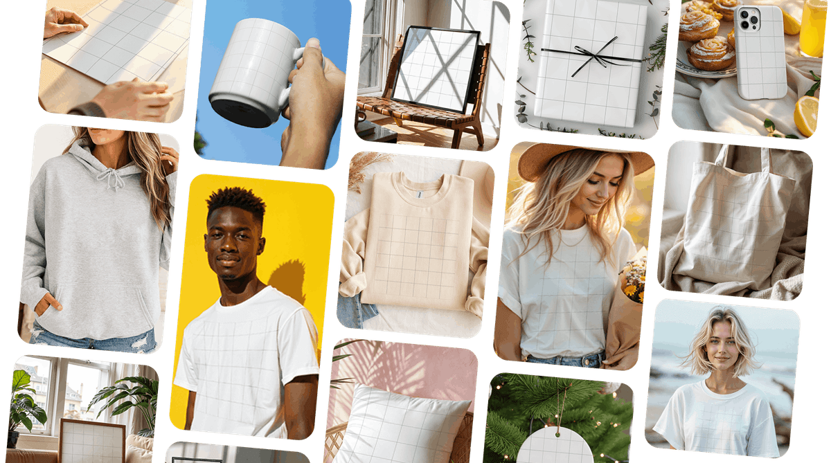 Product mockups for t-shirts, mugs, posters, pillows, phone cases, and more